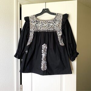 Mi Golondrina Top Fernanda Cotton Floral Embroidered Gray Night Beige Silk S GUC